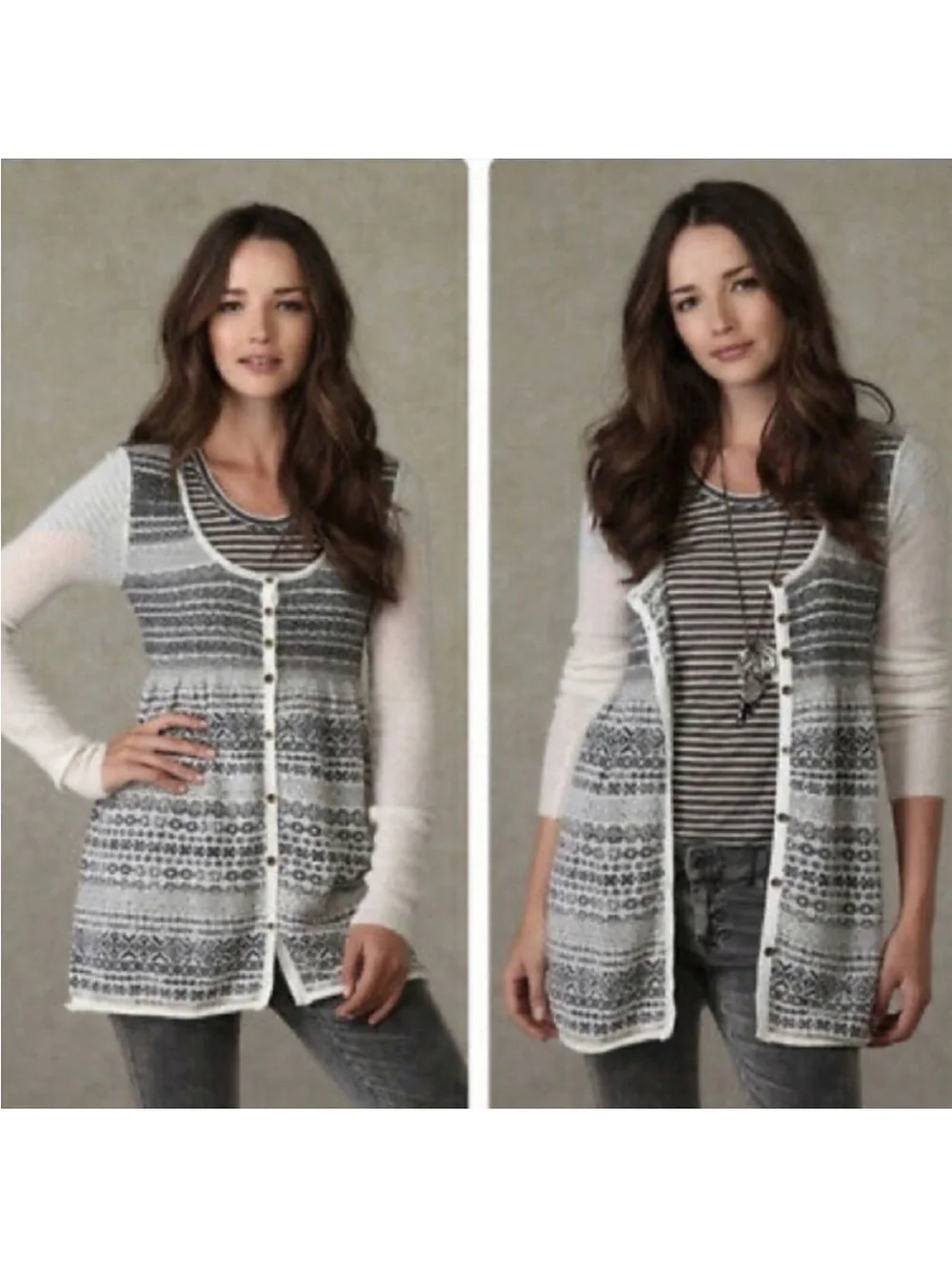 Free People Black White Angora Wool Nordic Fair Sweater Button Size S